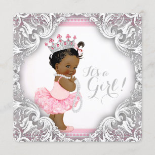 Invitación Tutu rosa y gris Fiesta de Bebé Niña Étnica