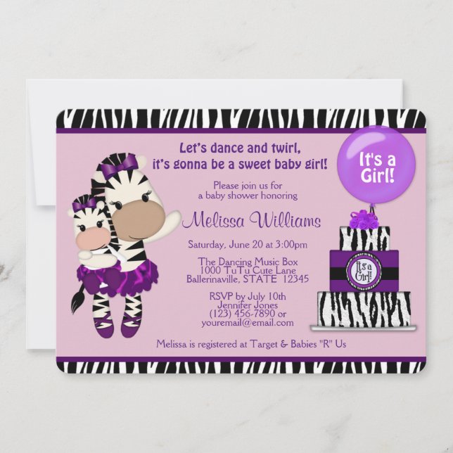Invitación TuTuCute Baby Shower ZEBRA Lavendar Purple 085 (Anverso)