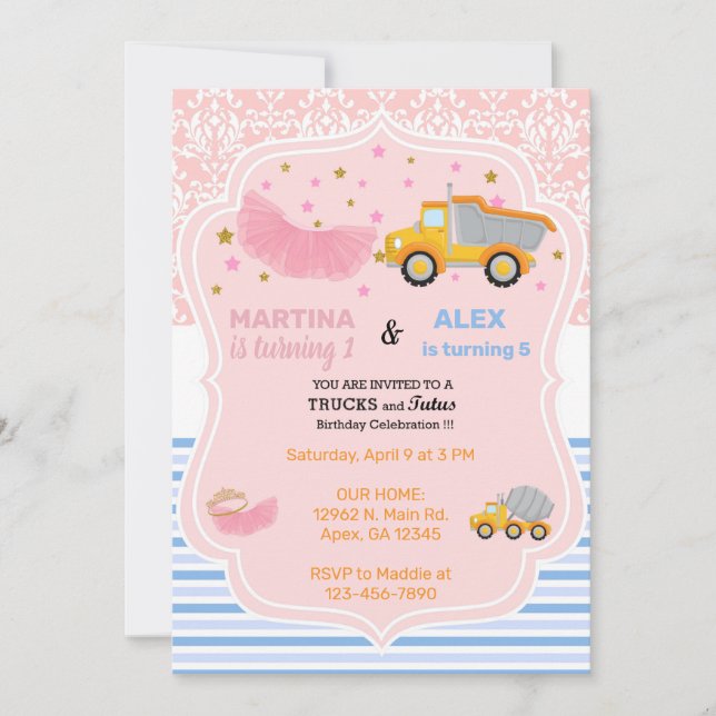 Invitación Tutus y camiones de construcción cumpleaños de her (Anverso)