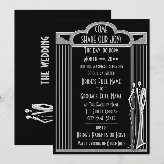 Invitación Tuxedo - Art Deco - Negro y Plata (Anverso / Reverso)