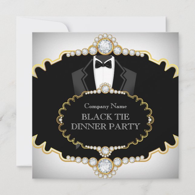 Invitación Tuxedo Black Tie Cena Fiesta Oro Blanco (Anverso)