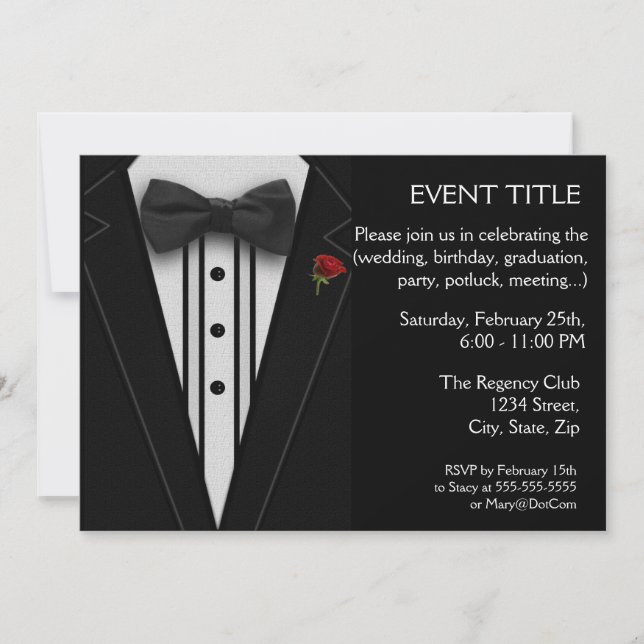 Invitación Tuxedo negro con rosa rojo de amarre (Anverso)