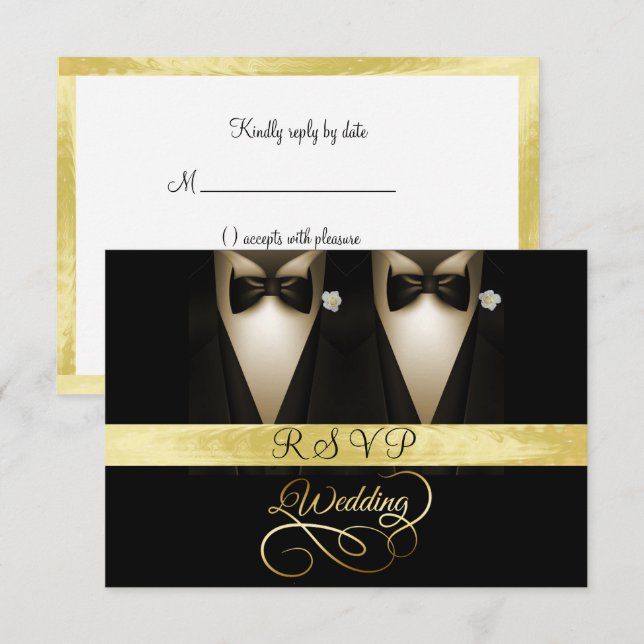 Invitación Tuxedo, White Rose Gold y Black Wedding RSVP (Anverso / Reverso)