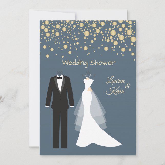 Invitación Tuxedo y bata, confetti dorado, ducha de pareja (Anverso)