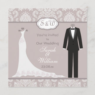 Invitación Tuxedo y bata en damasco gris rosa Boda
