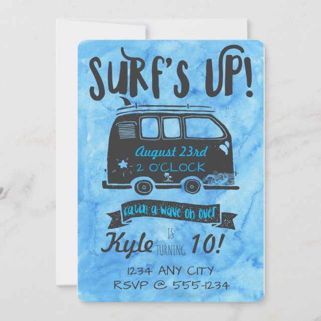 Invitación Tween Birthday - Tema Surf (Anverso)