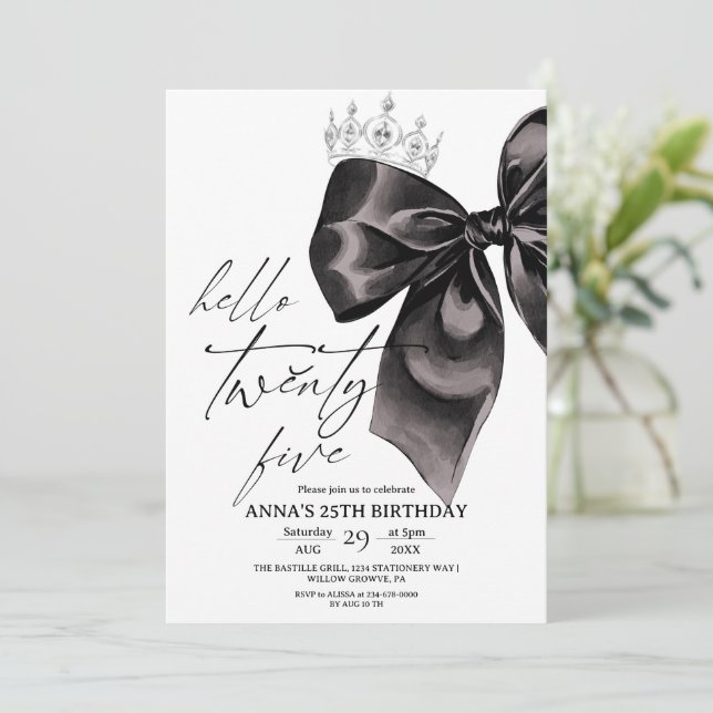 Invitación Twenty five Black Bow 25th Birthday Invitation (Anverso de pie)