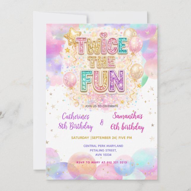 Invitación Twice the Fun Pastel Glitter Double Birthday (Anverso)