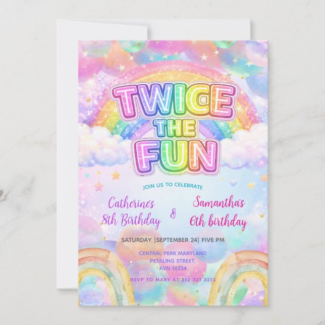 Invitación Twice the Fun Rainbow Sibling Birthday  (Anverso)