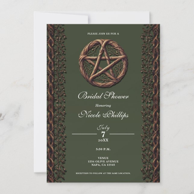 Invitación Twig de madera Pentáculo Verde Oliva Wicca Despedi (Anverso)