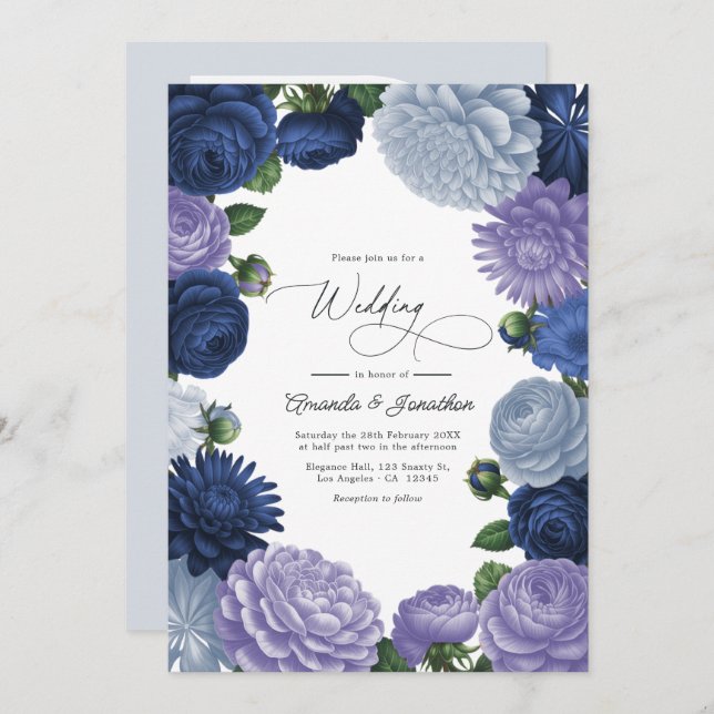 Invitación Twilight Navy, Mist Lavender & Silver Periwinkle (Anverso / Reverso)