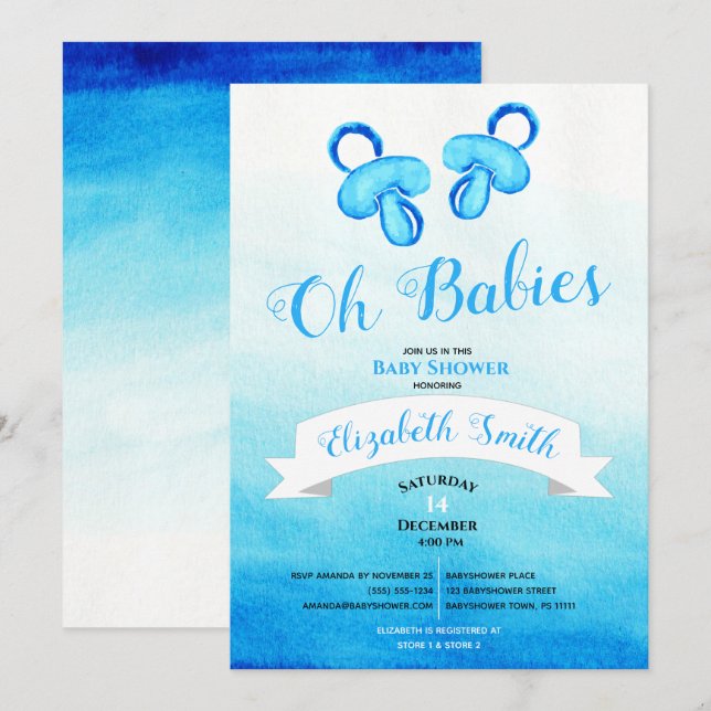 Invitación Twin baby boy watercolor babyshower (Anverso / Reverso)