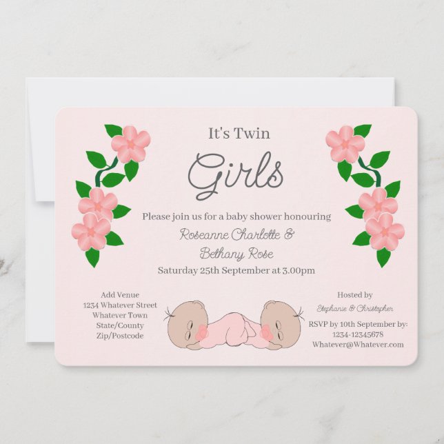 Invitación Twin Baby Girls Baby Shower (Anverso)