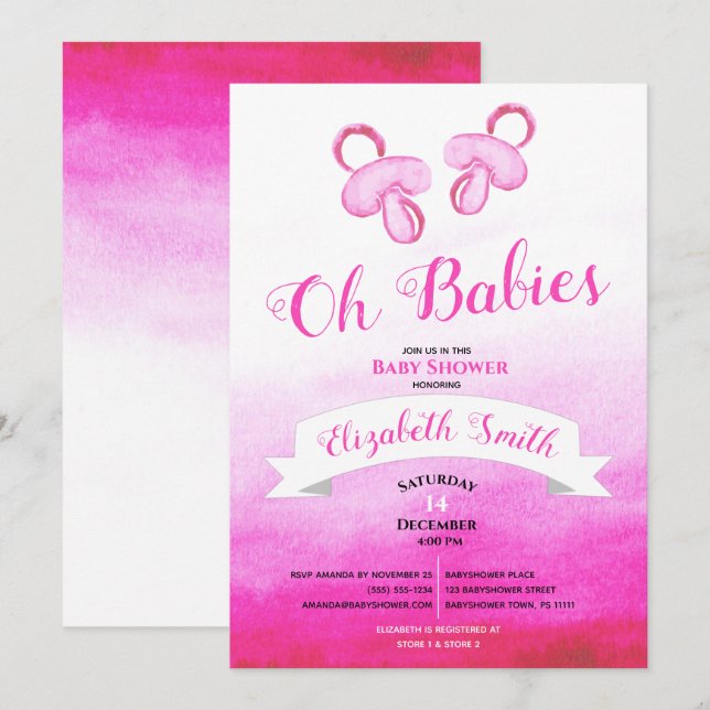 Invitación Twin Baby girls watercolor babyshower (Anverso / Reverso)