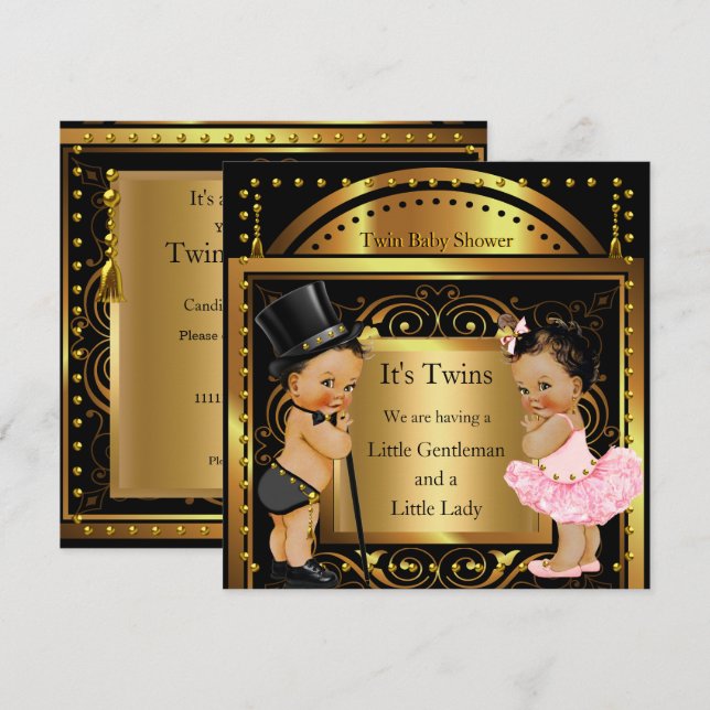 Invitación Twin Baby Shower Boy y Chica Gold Brunette (Anverso / Reverso)