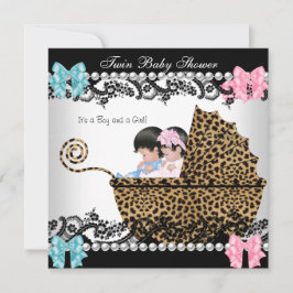 Invitación Twin Baby Shower Cute Chica Pink Boy Blue Leopard