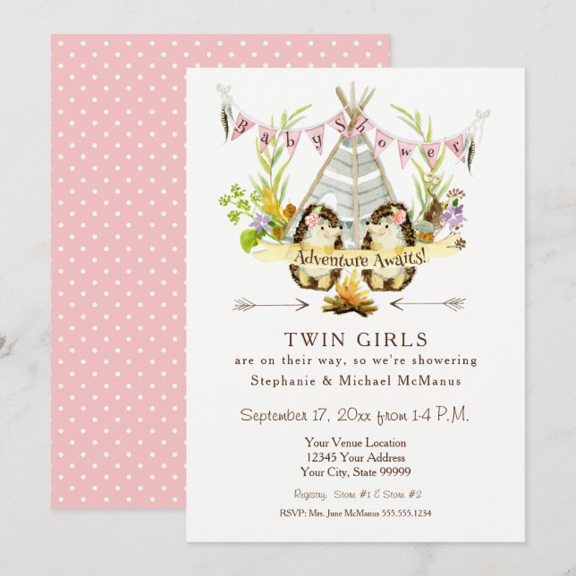Invitación Twin Baby Shower Woodland Animal Teepee Hedgehog (Anverso / Reverso)