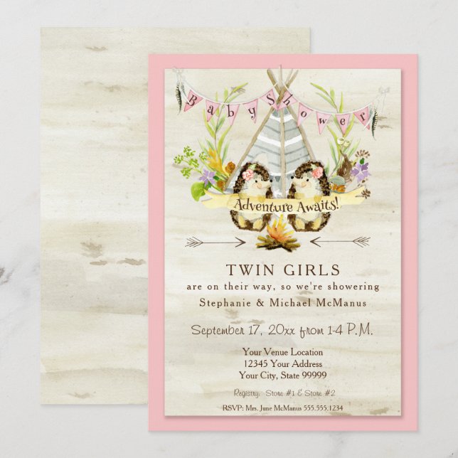 Invitación Twin Baby Shower Woodland Animal Teepee Hedgehog (Anverso / Reverso)