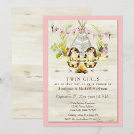 Invitación Twin Baby Shower Woodland Animal Teepee Hedgehog