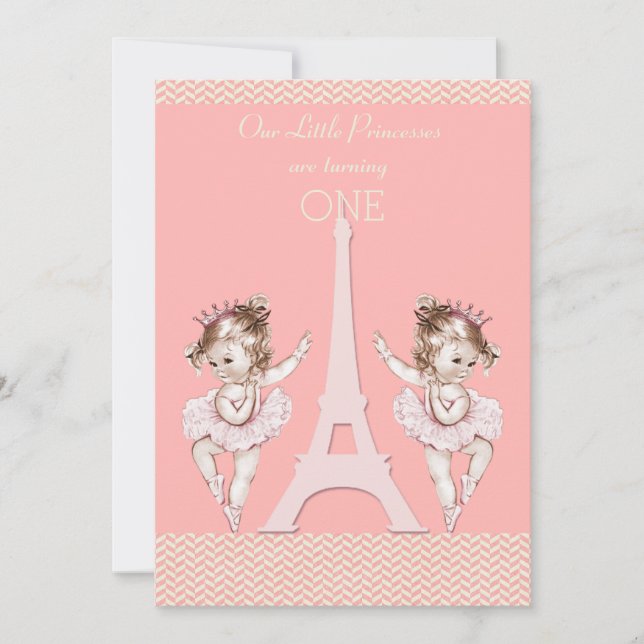 Invitación Twin Ballerinas Eiffel Tower Chevrons 1º cumpleaño (Anverso)
