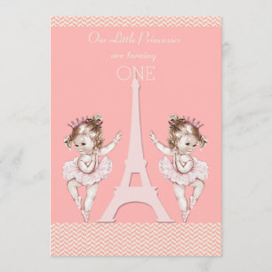 Invitación Twin Ballerinas Eiffel Tower Chevrons 1º cumpleaño
