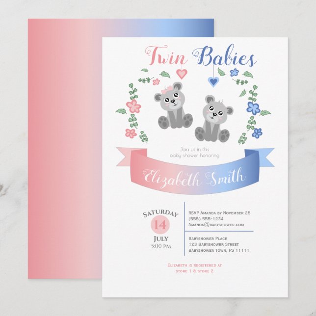 Invitación Twin boy and girl Cute bear babyshower (Anverso / Reverso)