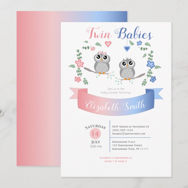 Invitación Twin boy and girl Cute owls babyshower (Anverso / Reverso)