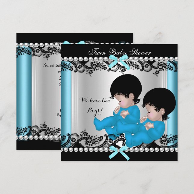 Invitación Twin Boy Baby Shower Blue Cute Baby Boys (Anverso / Reverso)