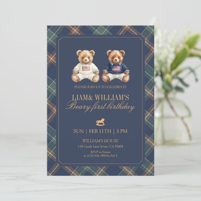 Invitación Twin Boy Beary First Birthday Teddy Bear (Anverso de pie)