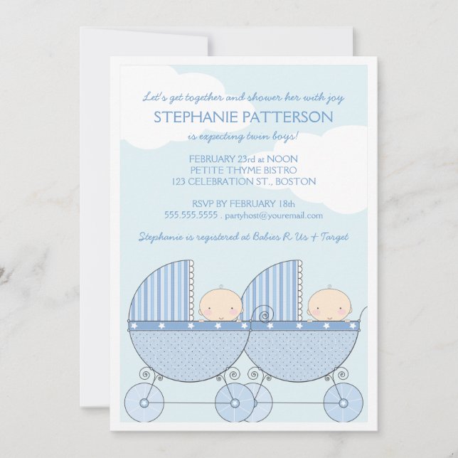 Invitación Twin Boy Blue Carrie Feliz Baby Shower (Anverso)