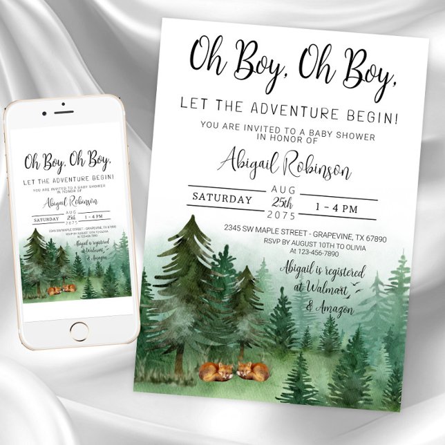 Invitación Twin Boy Fox Woodland Oh Boy Baby Shower (Boy twin fox woodland baby shower invitation. Instant download and printed invitations available.)
