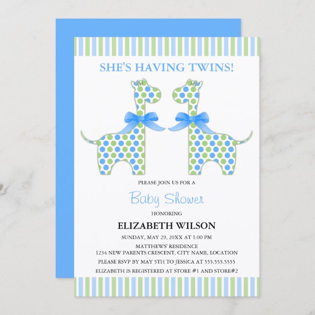Invitación Twin Boy Giraffe Baby Shower (Anverso / Reverso)