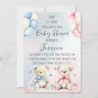 Invitación Twin Boy & Girl Bear Baby Shower Invitation