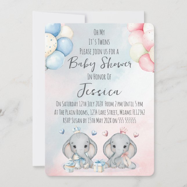 Invitación Twin Boy & Girl Elephant  Baby Shower Invitation (Anverso)