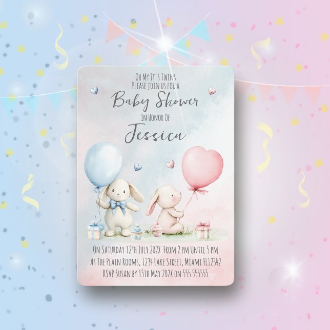 Invitación Twin Boy & Girl Rabbit Baby Shower Invitation (Subido por el creador)