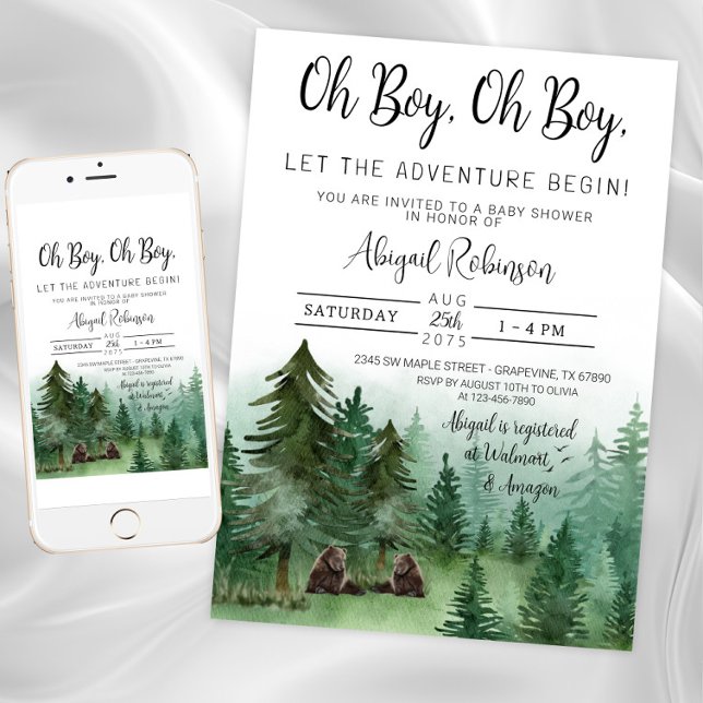 Invitación Twin Boy Woodland Bear Oh Boy Baby Shower (Twin boy baby woodland deer shower invitation. Instant download and printed invitations available.)