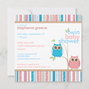 Invitación Twin Boy y Chica Baby Owl PInk y Blue Baby Shower