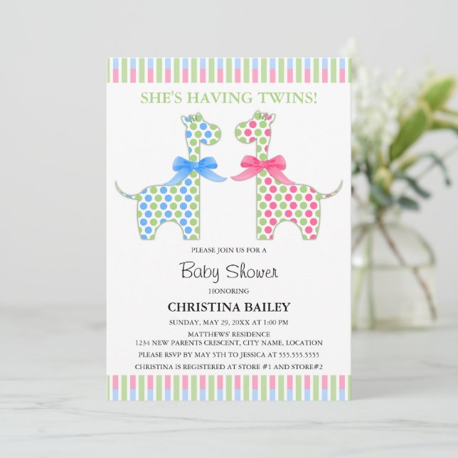 Invitación Twin Boy y Chica Giraffe Baby Shower (Anverso de pie)