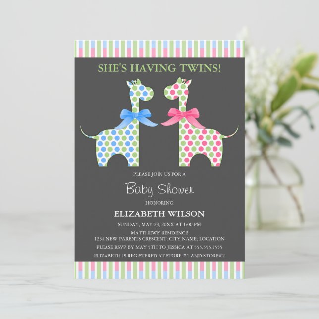 Invitación Twin Boy y Chica Giraffe Baby Shower (Anverso de pie)