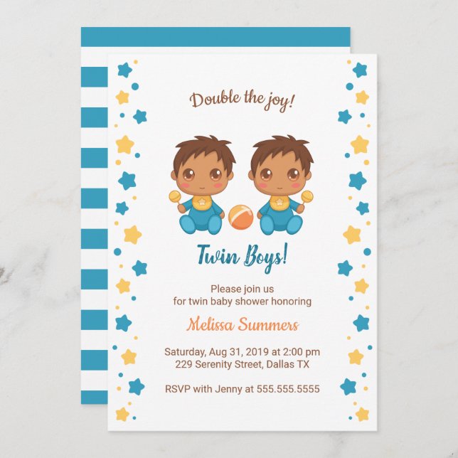 Invitación Twin Boys Baby Shower 2 (Anverso / Reverso)