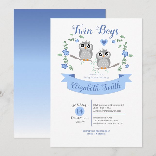 Invitación Twin Boys Cute owls babyshower (Anverso / Reverso)