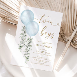 Invitación Twin Boys Dusty Blue Balloon Greenery Baby Shower