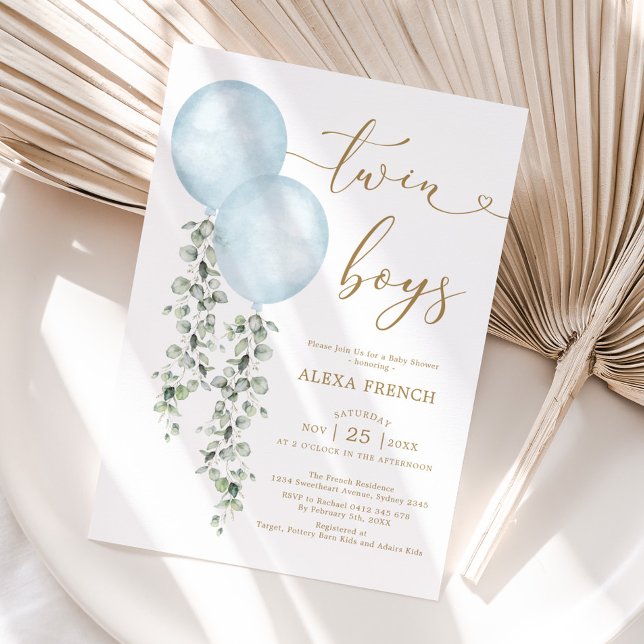 Invitación Twin Boys Dusty Blue Balloon Greenery Baby Shower (Subido por el creador)