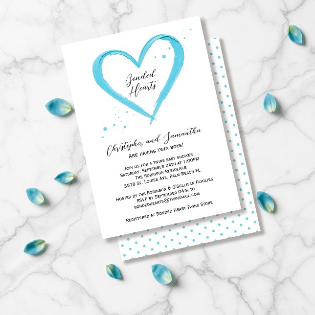 Invitación Twin Boys Elegant Modern Blue Heart Baby Shower (Subido por el creador)
