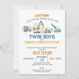 Invitación Twin Boys under Construction, Digger Baby Shower