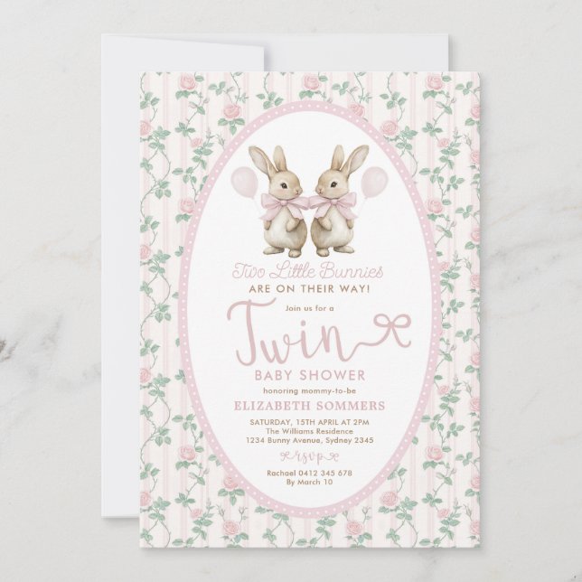 Invitación Twin Bunny Pink Roses Girl Baby Shower (Anverso)