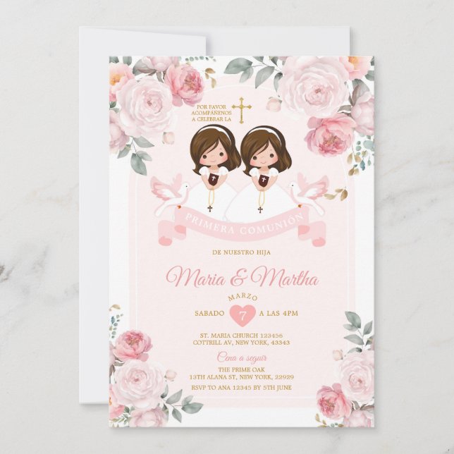 Invitación Twin Cute Little Girl Primera Comunión (Anverso)