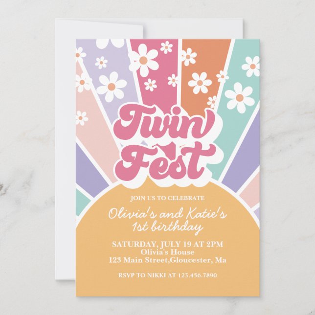 Invitación Twin Fest Rainbow Sunshine Daisy 1er cumpleaños (Anverso)