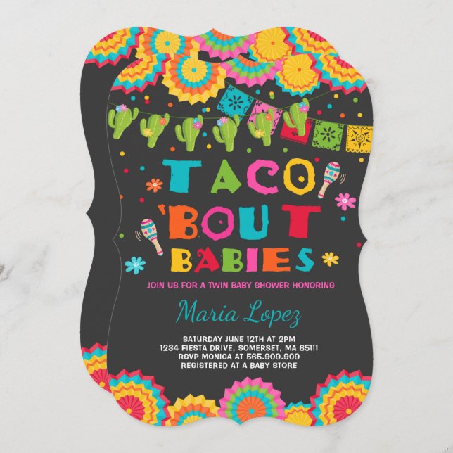 Invitación Twin Fiesta Baby Shower invita a Taco sobre bebés (Anverso / Reverso)