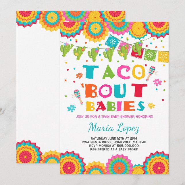 Invitación Twin Fiesta Baby Shower invita a Taco sobre bebés (Anverso / Reverso)